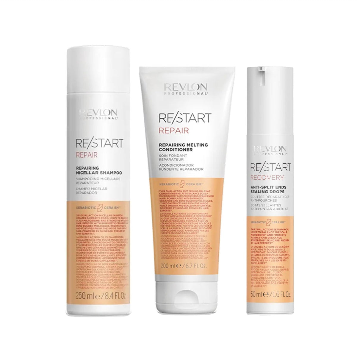 REVLON PROFESSIONAL RE/START™ REPAIR MICELLAR SHAMPOO 250ml & REPAIRING MELTING CONDITIONER 200ml & ANTI-SPLIT SEALING DROPS 50ml TRIO